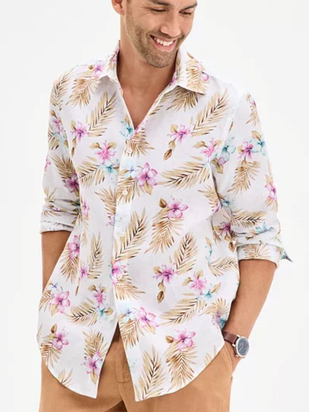 NWT Club Room Men’s S 100% Linen Floral Tropical Button Up Shirt Long Sleeve